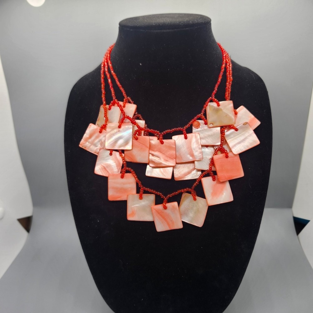 Multi-Strand Bib Necklace Mother of Pearl Shell‎ Red Seed Bead Adjustable